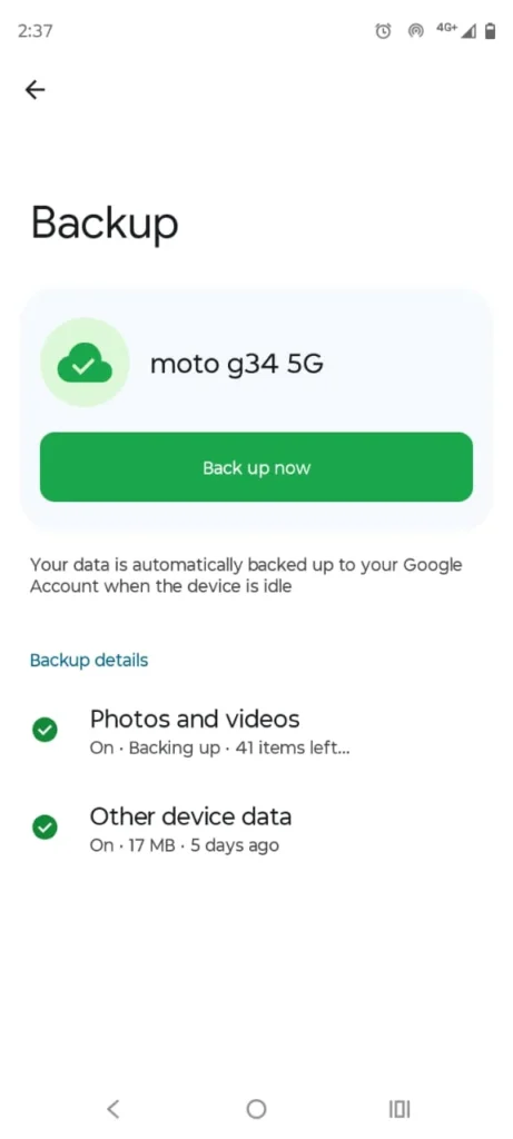 Android 15 backup settings shown on smartphone screen