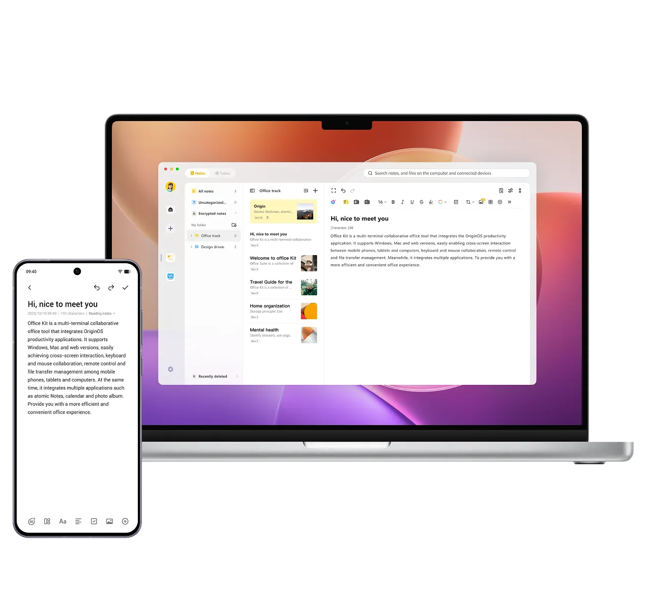 Vivo X200T Office Kit Notes Sync feature showing real-time note syncing across smartphone, Windows PC, and Mac for seamless productivity and organized workflow