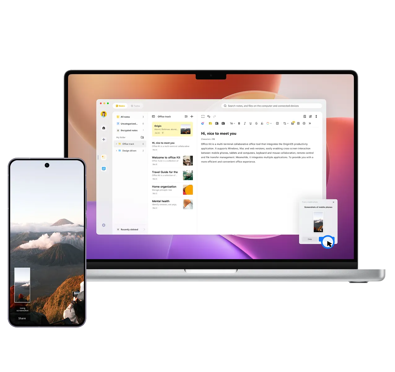 Vivo X200T Office Kit Task Handoff feature showing seamless syncing of notifications, photos, and screenshots between smartphone and PC for uninterrupted workflow