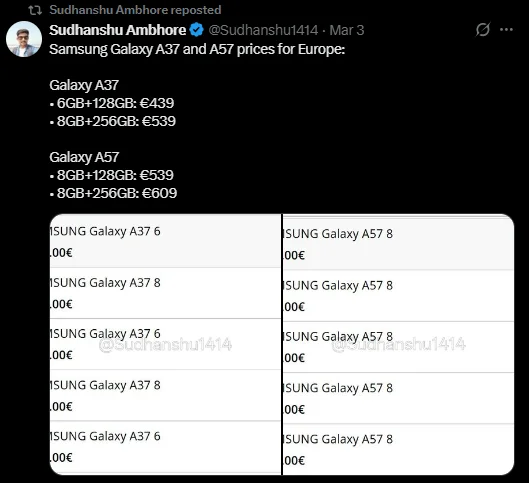 Samsung Galaxy A57 and Galaxy A37, price leaked.